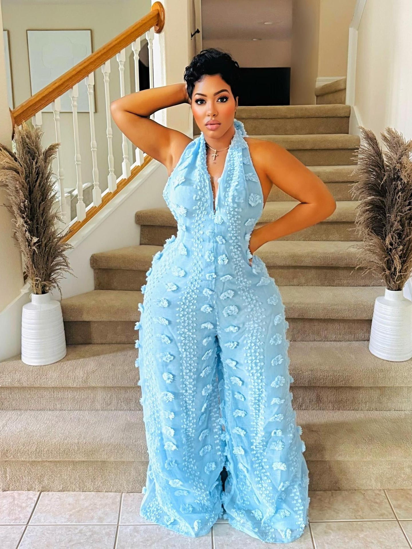 Women Halter Neck V-neck Ribbon Jumpsuit 6