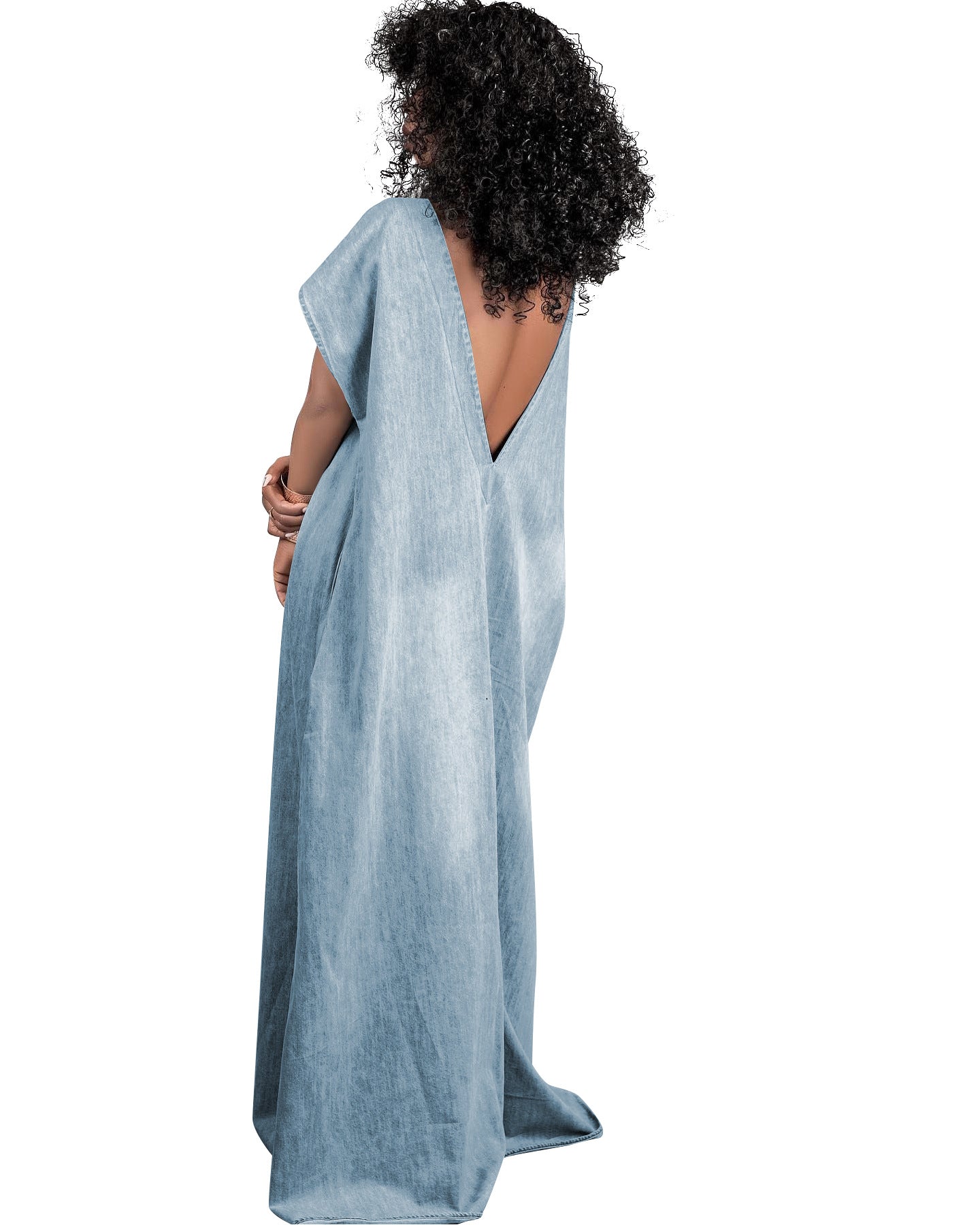 Vintage Loose Deep V Low Back Long Denim Dress 5