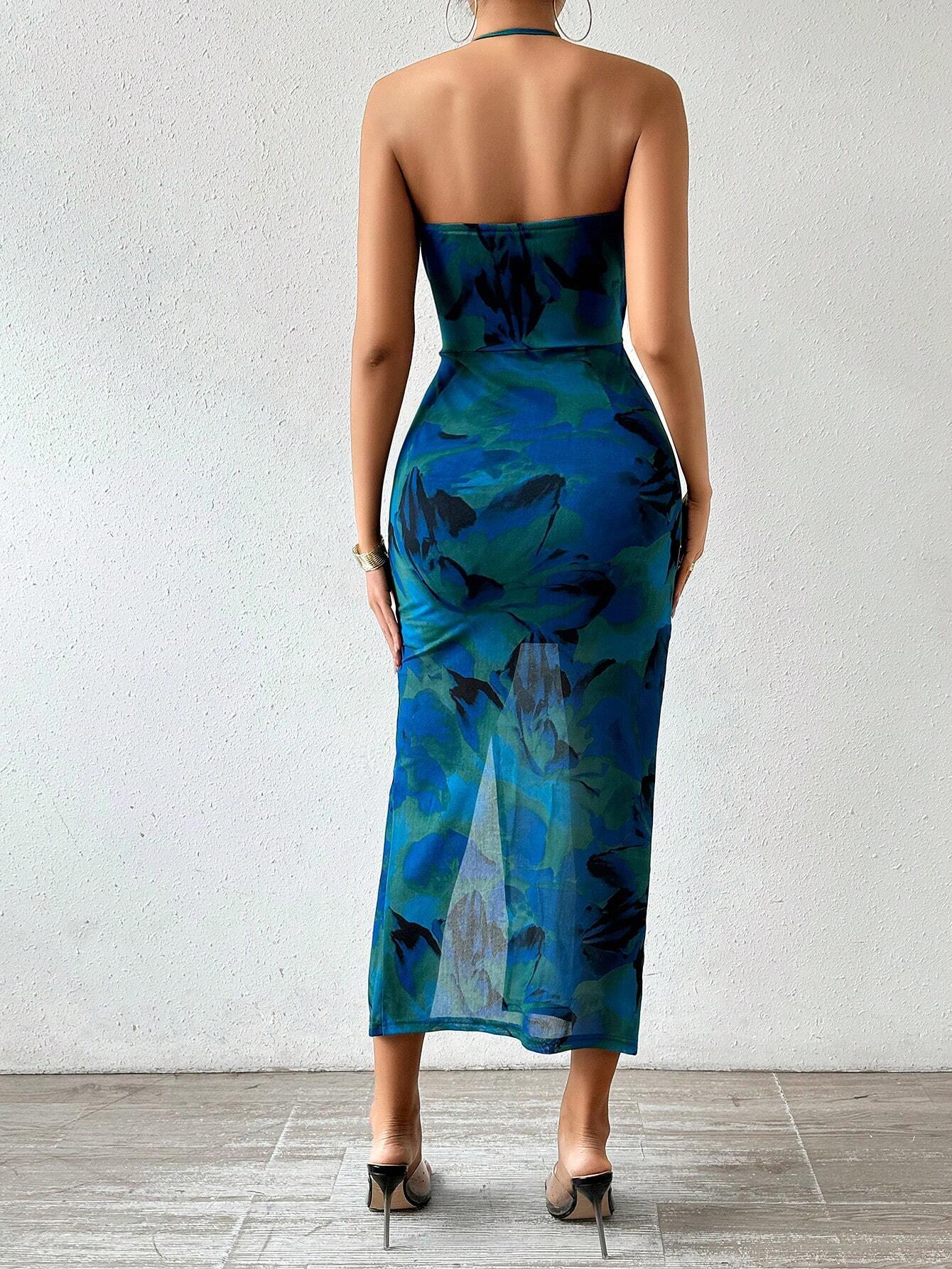 Spring and Summer Women's Strapless Halter Low Back Print Slim Dress 18