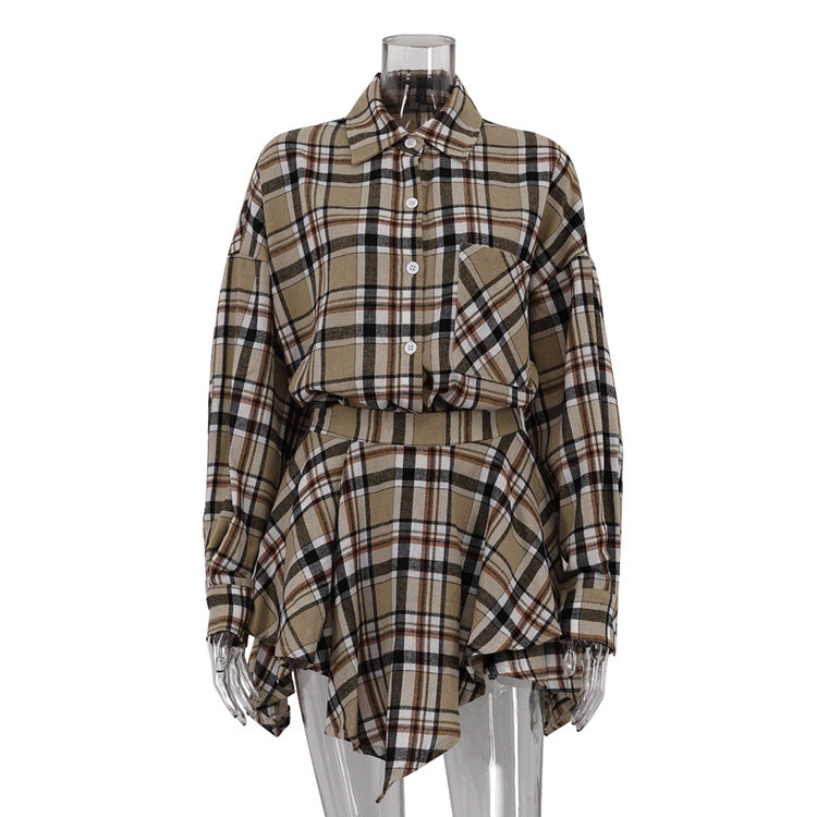 Women American long-sleeved plaid shirt irregular skirt two-piece set 5