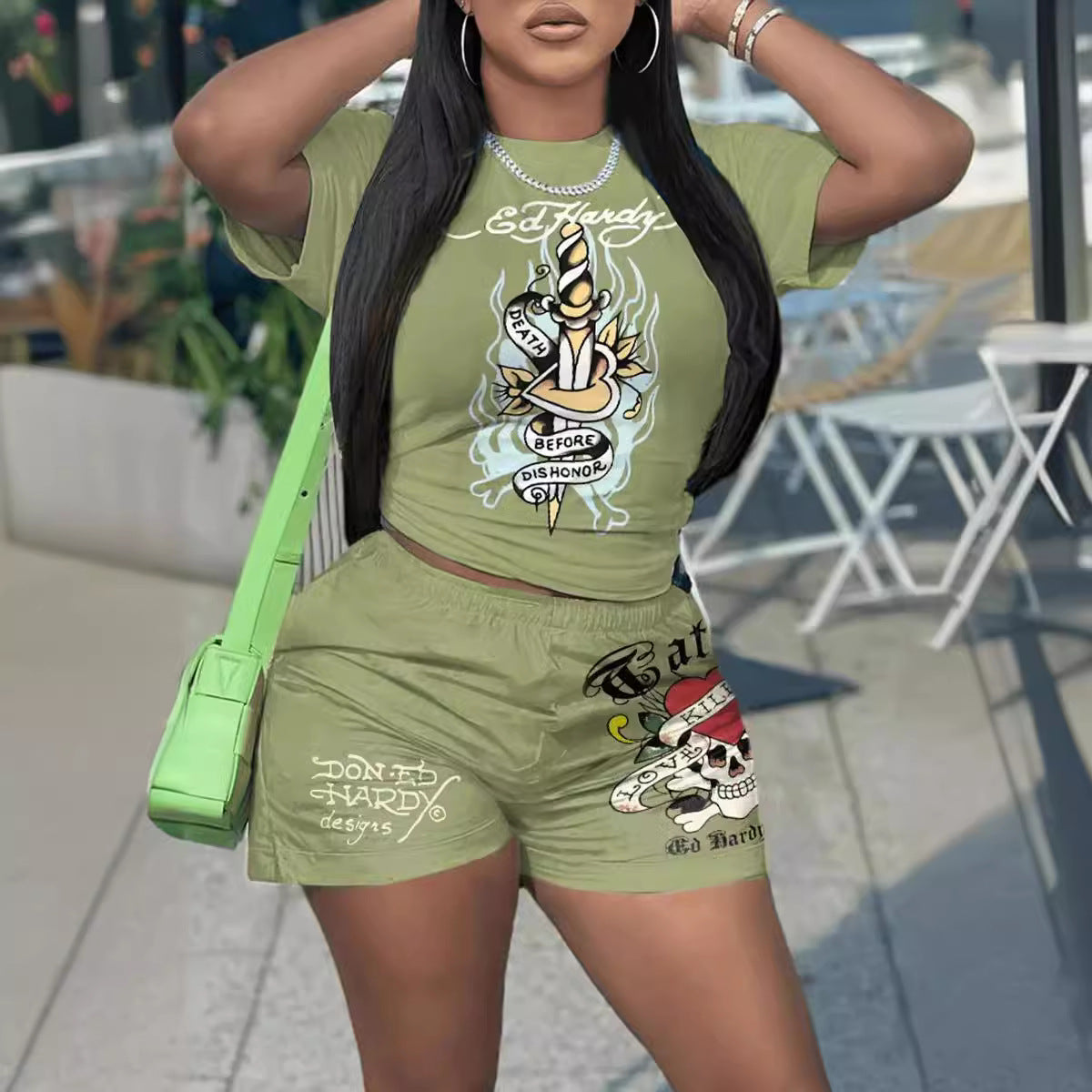 Women's Spring And Summer Printed Short-Sleeved Sports Two-Piece Shorts Set 8