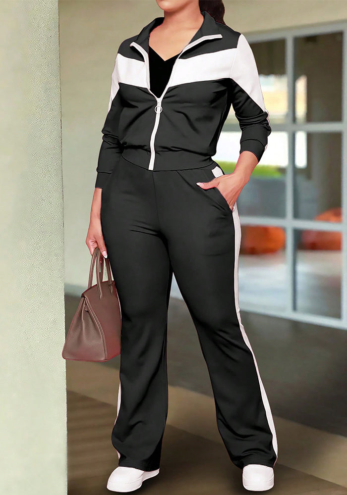 Spring/Fall Women's Trendy Color-Block Sporty Zip-Up Jacket & Casual Pants Set 8