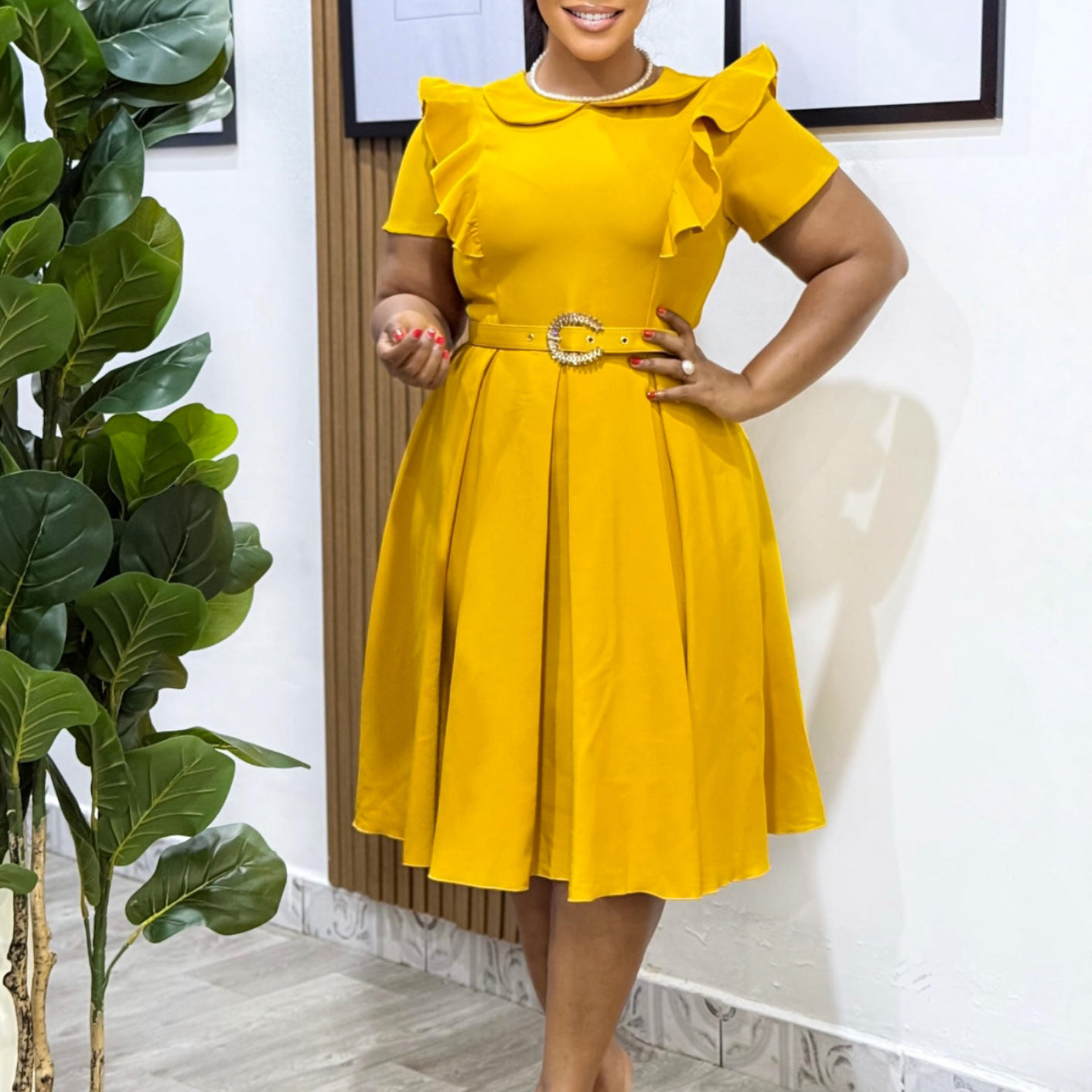 Women's Short Sleeve Peter Pan Collar Solid Color Ruffle High-Waist Swing Dress 6