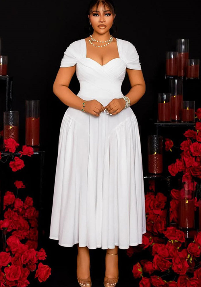 Elegant women's solid color pleated A-line V-neck short-sleeved low back long dress formal party dress