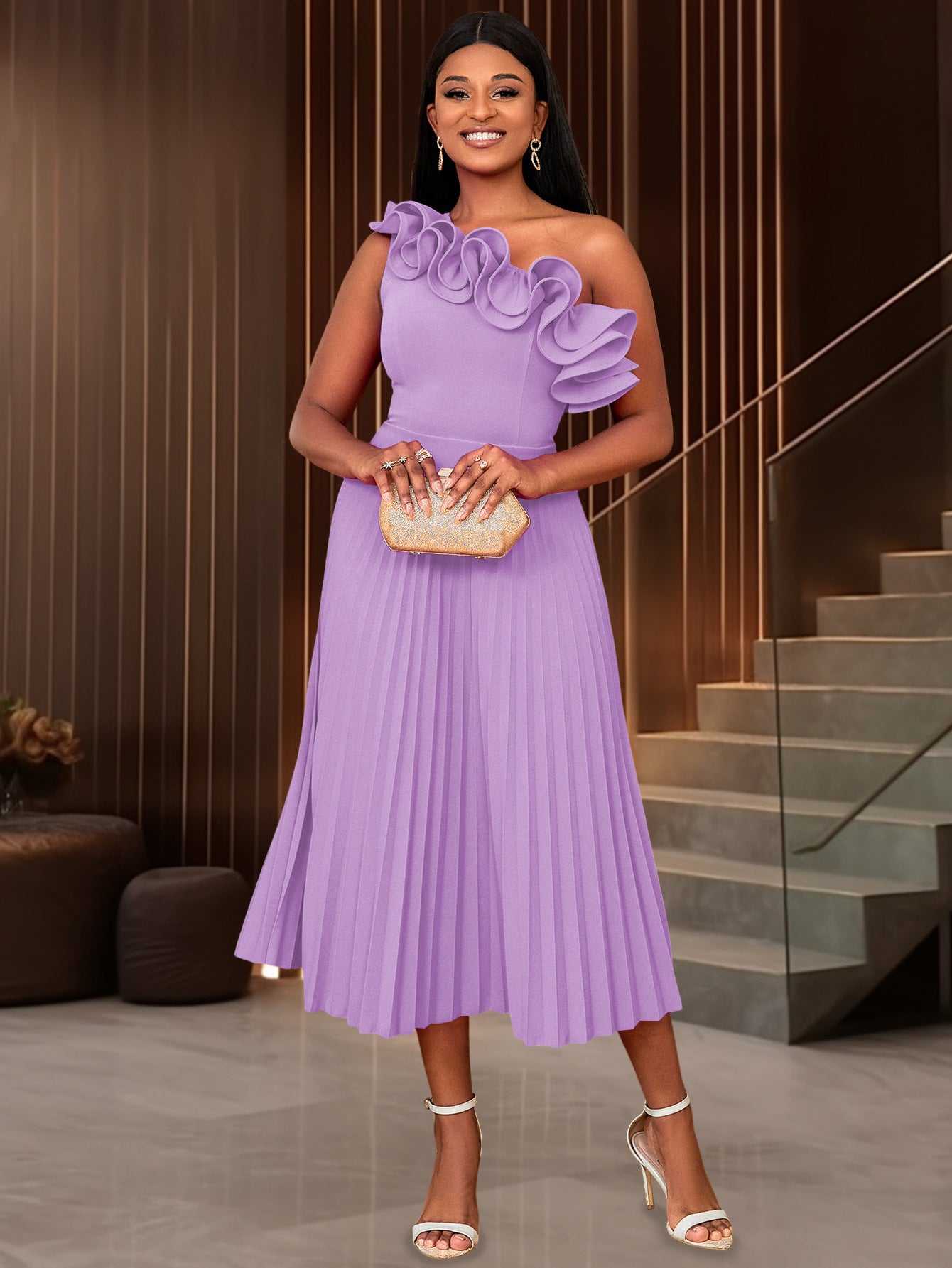 Women One Shoulder Slash Shoulder Formal Party Pleated Dress 6