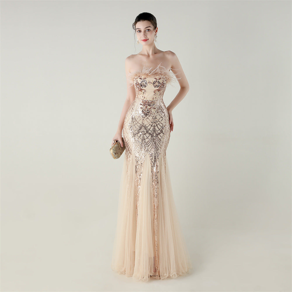Women sequined tube flower ostrich feather Strapless cross Lace-Up Mesh Formal Party fishtail evening dress