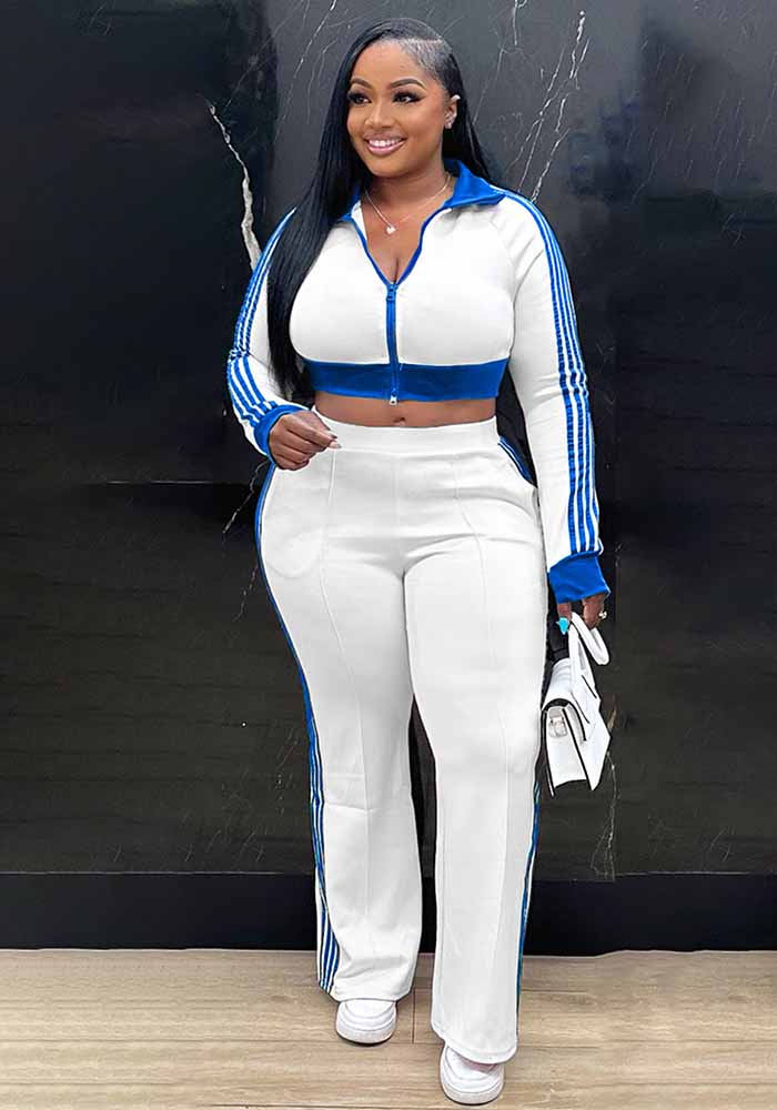 Women Casual contrast color zipper long-sleeved Crop Top and Pants two-piece set