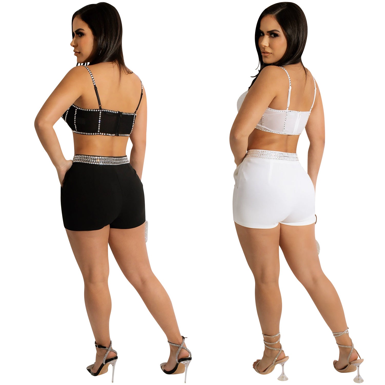 Sexy Nighclub Strap Zip Beaded Tank Top Shorts Two Piece Set 4