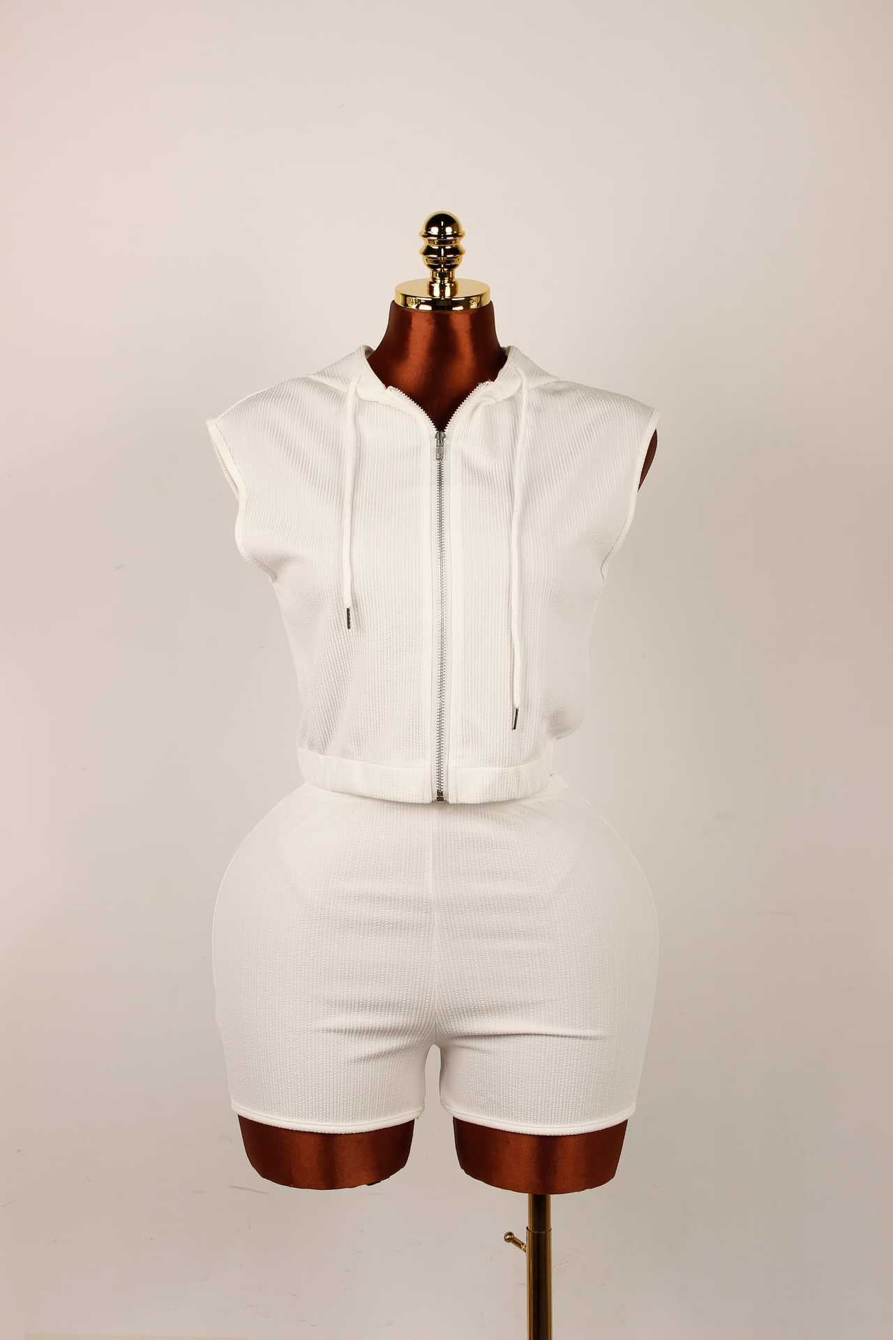 Summer Trendy Style Solid Color Zip-Up Hooded Two Piece Shorts Set 8