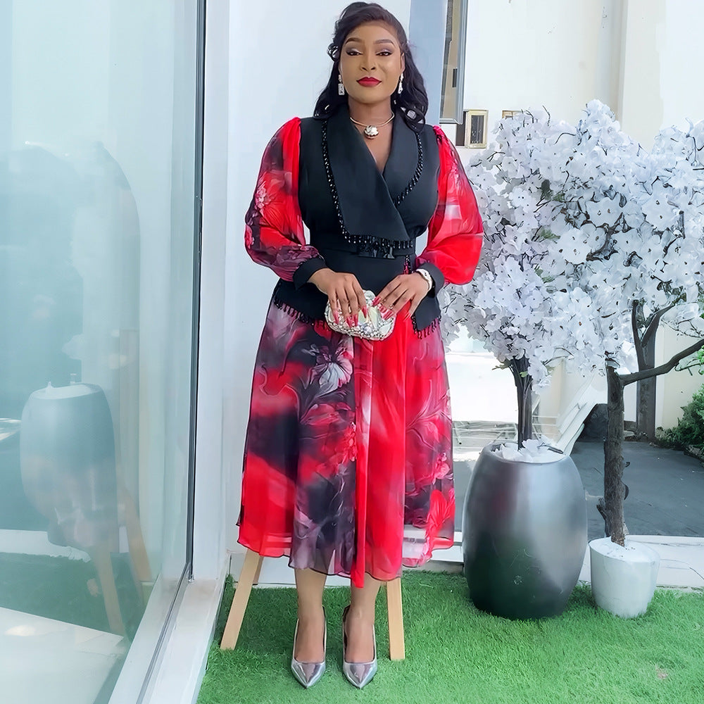 Plus Size Women's Elegant African Print Autumn/Winter Chic Color Block Midi Dress 3