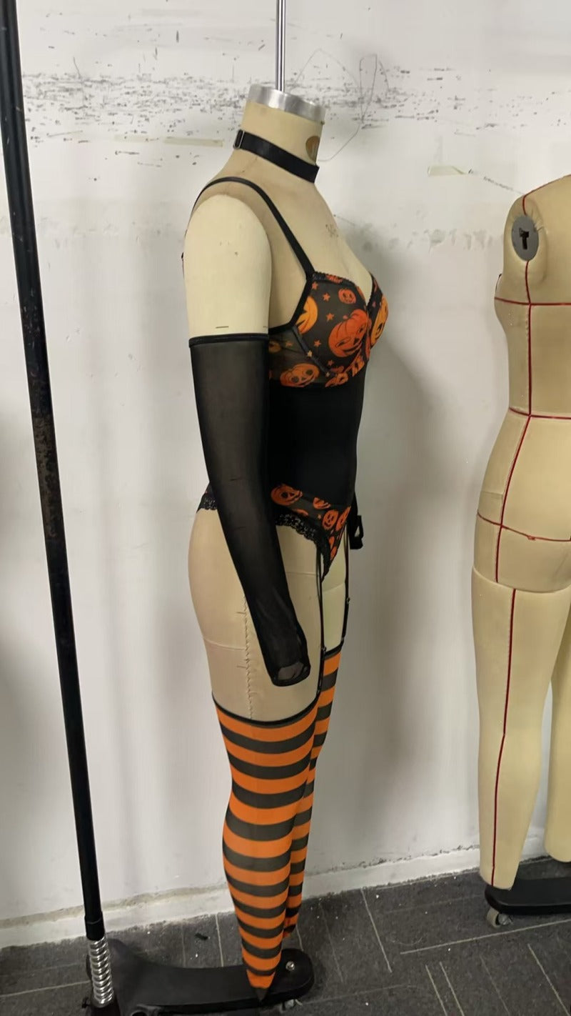 Women's Halloween Lingerie Temptation Sexy Lace Low Back Bodysuit Set 11