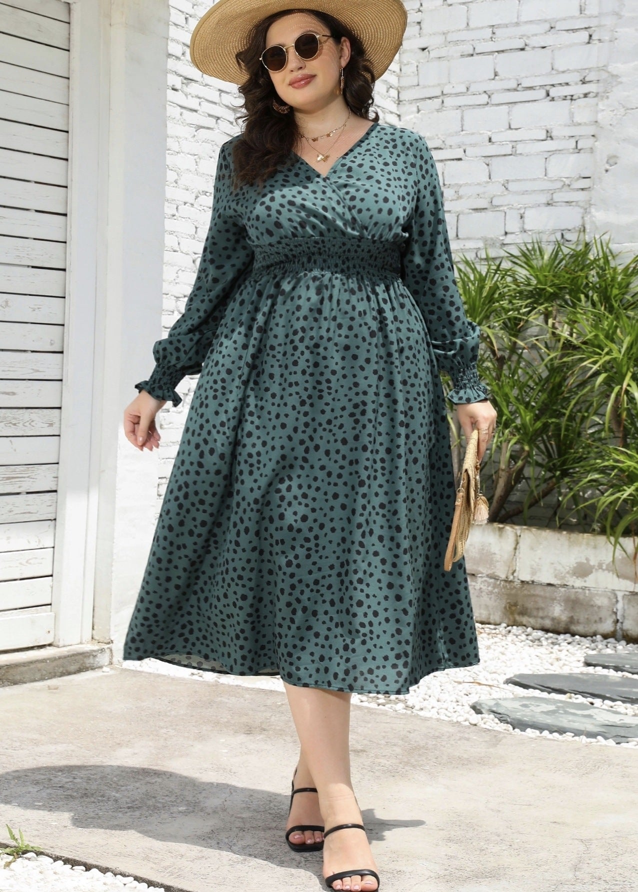 Fall Plus Size Dress Women's Printed V Neck Slim Waist Maxi Dress