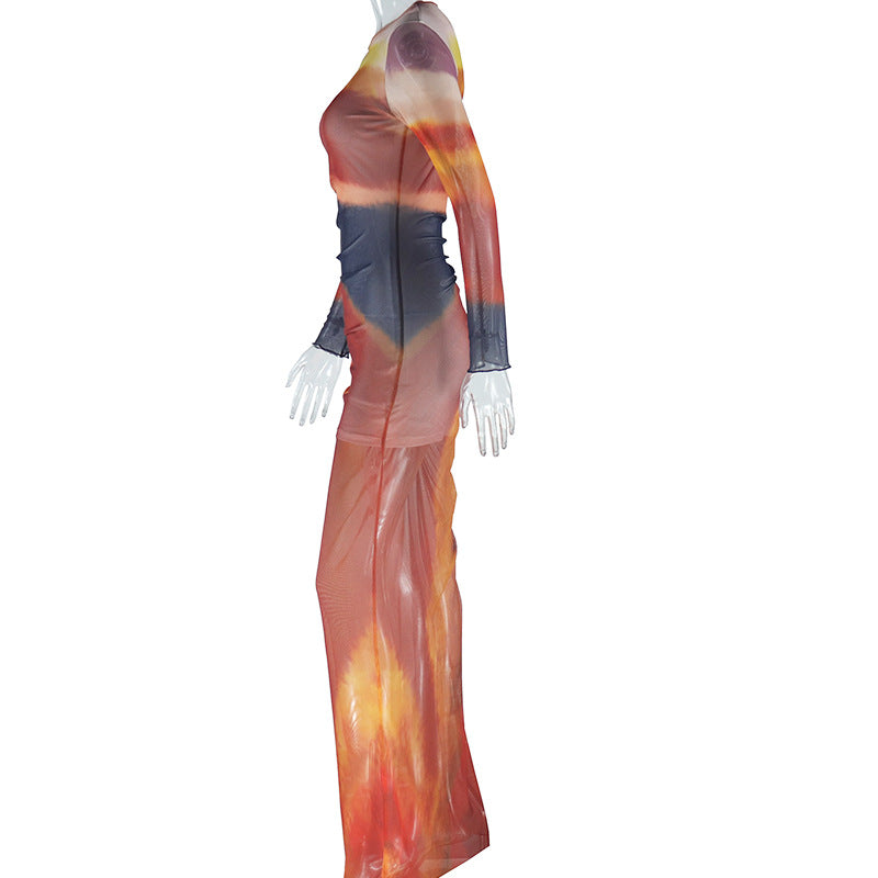 Women's Fashion Printed Round Neck Long Sleeve Split Pleated Trend Dress 7