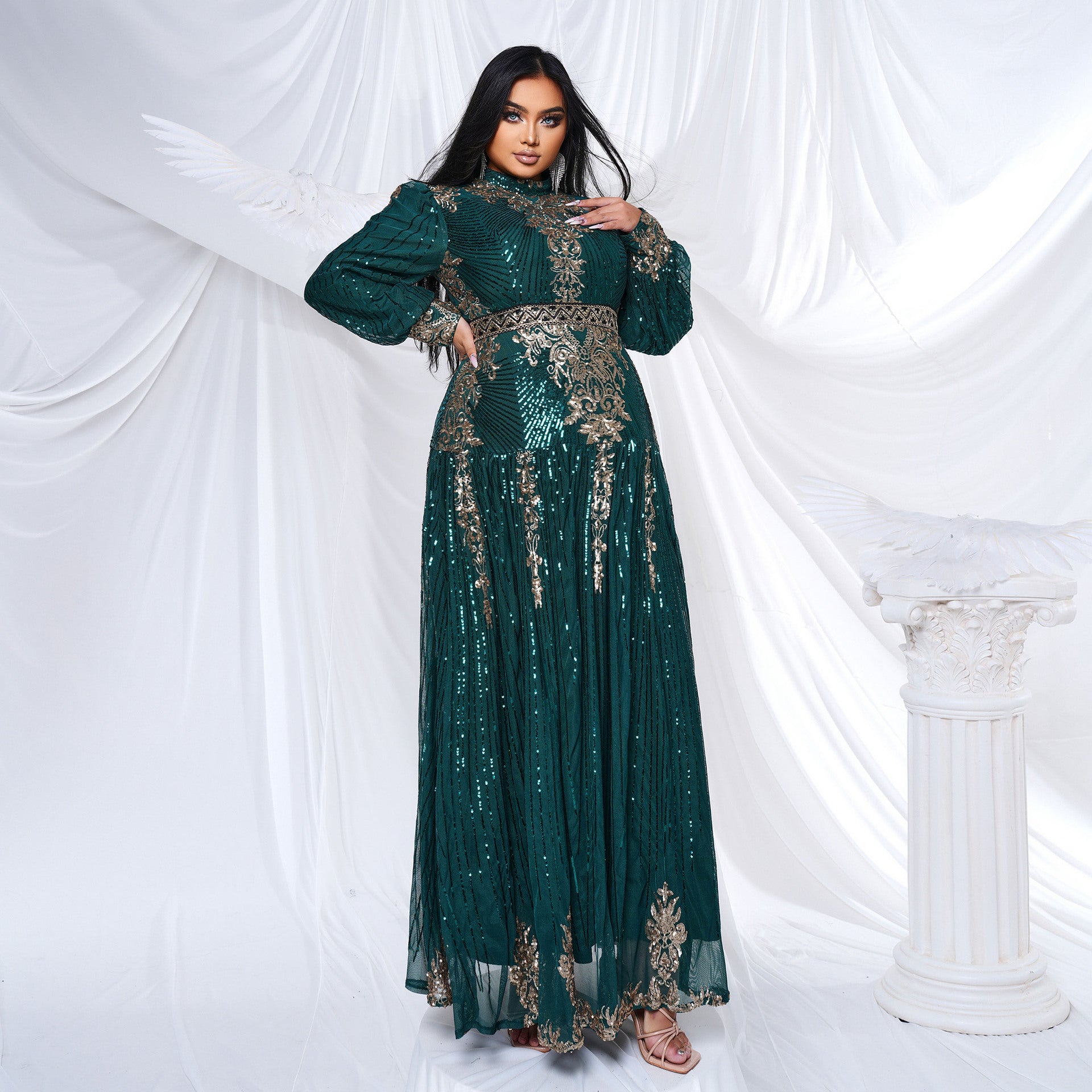 Plus Size Women Long Sleeve Round Neck Formal Party Sequin Maxi Evening Dress 3