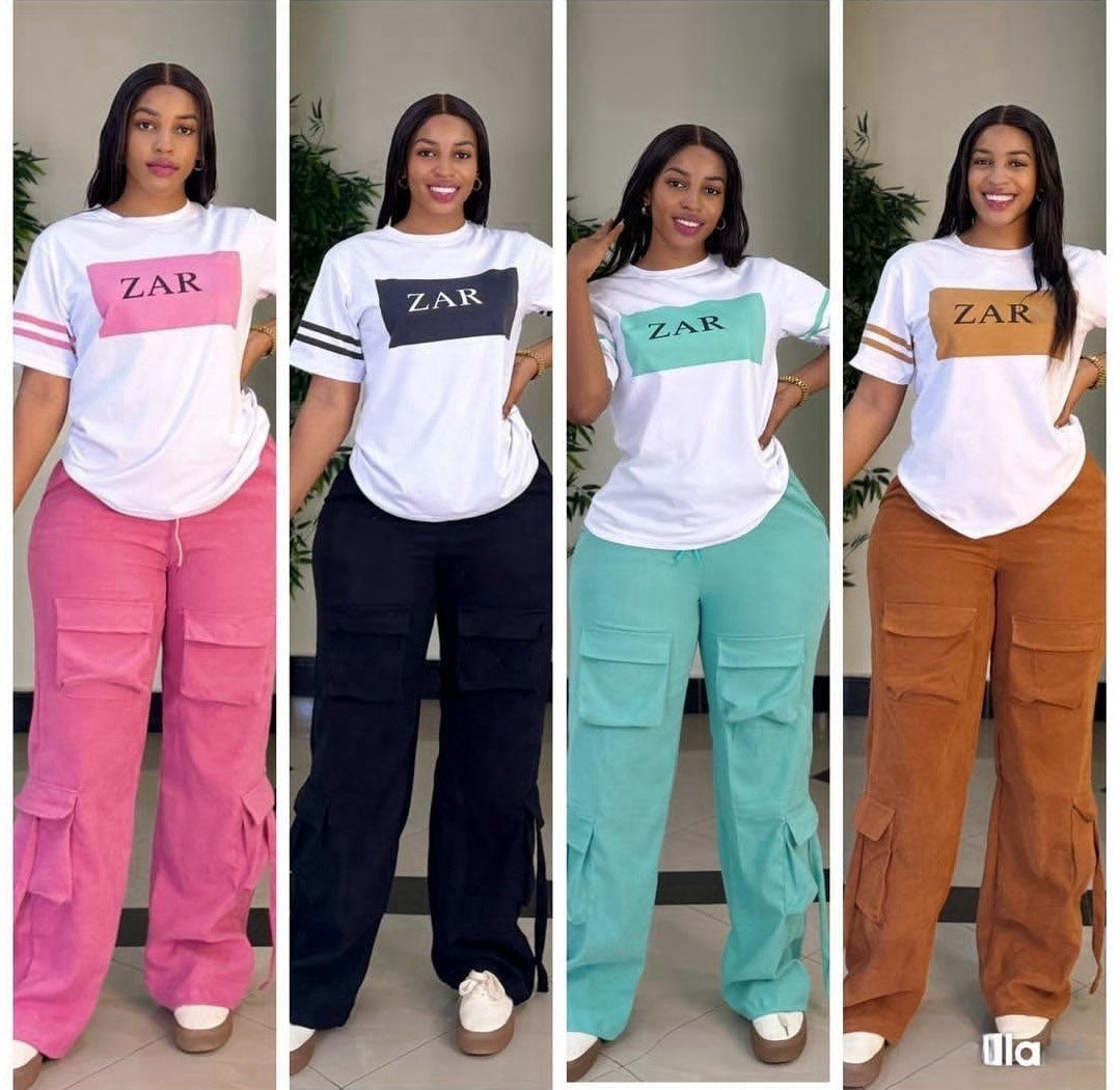 Women Casual Printed Short-sleeved Top and Cargo Pants Two-piece Set 7