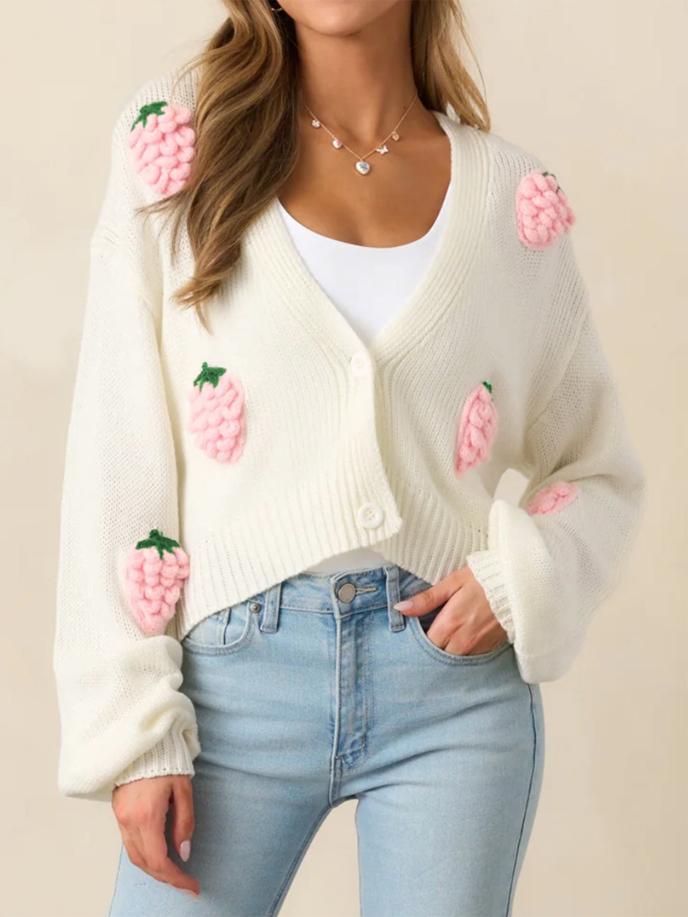 Strawberry Pattern Women's Elegant Knit Cardigan Fall Winter Button Long Sleeve Sweater 4