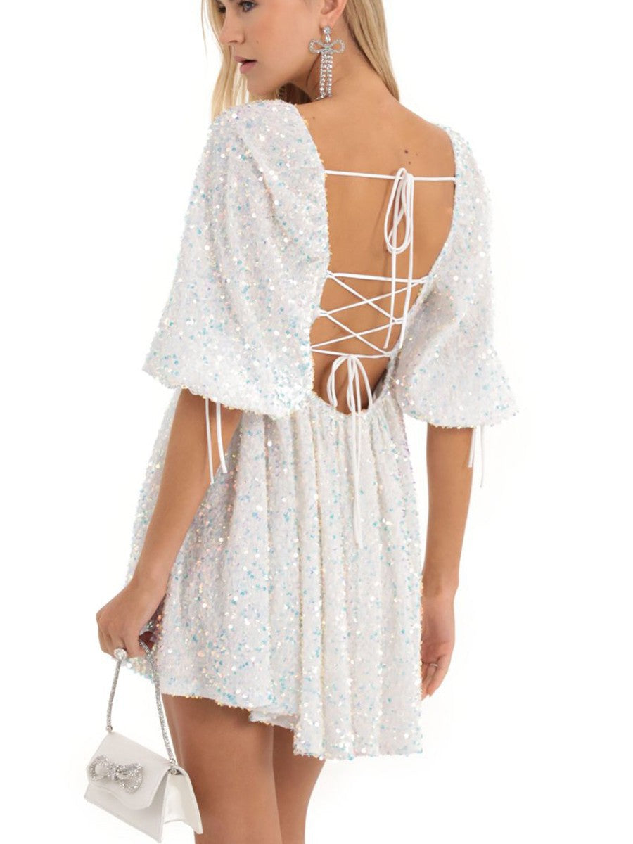 Plus Size Women Sequin Summer Casual Round Neck Short Sleeve Solid Dress 9