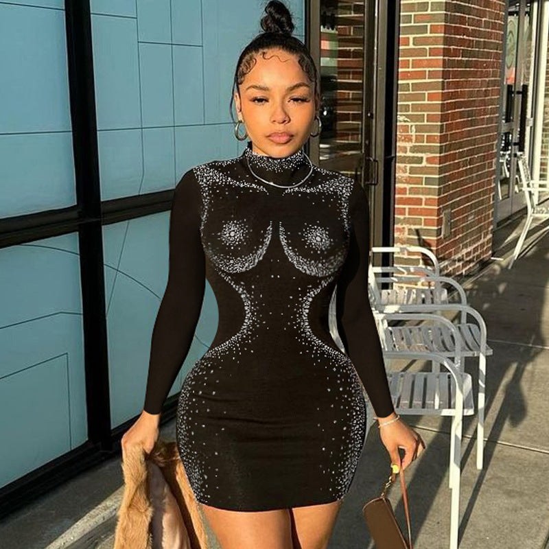 Women's Fall Fashion Sexy Beaded Tight Fitting Long Sleeve Bodycon Dress 4