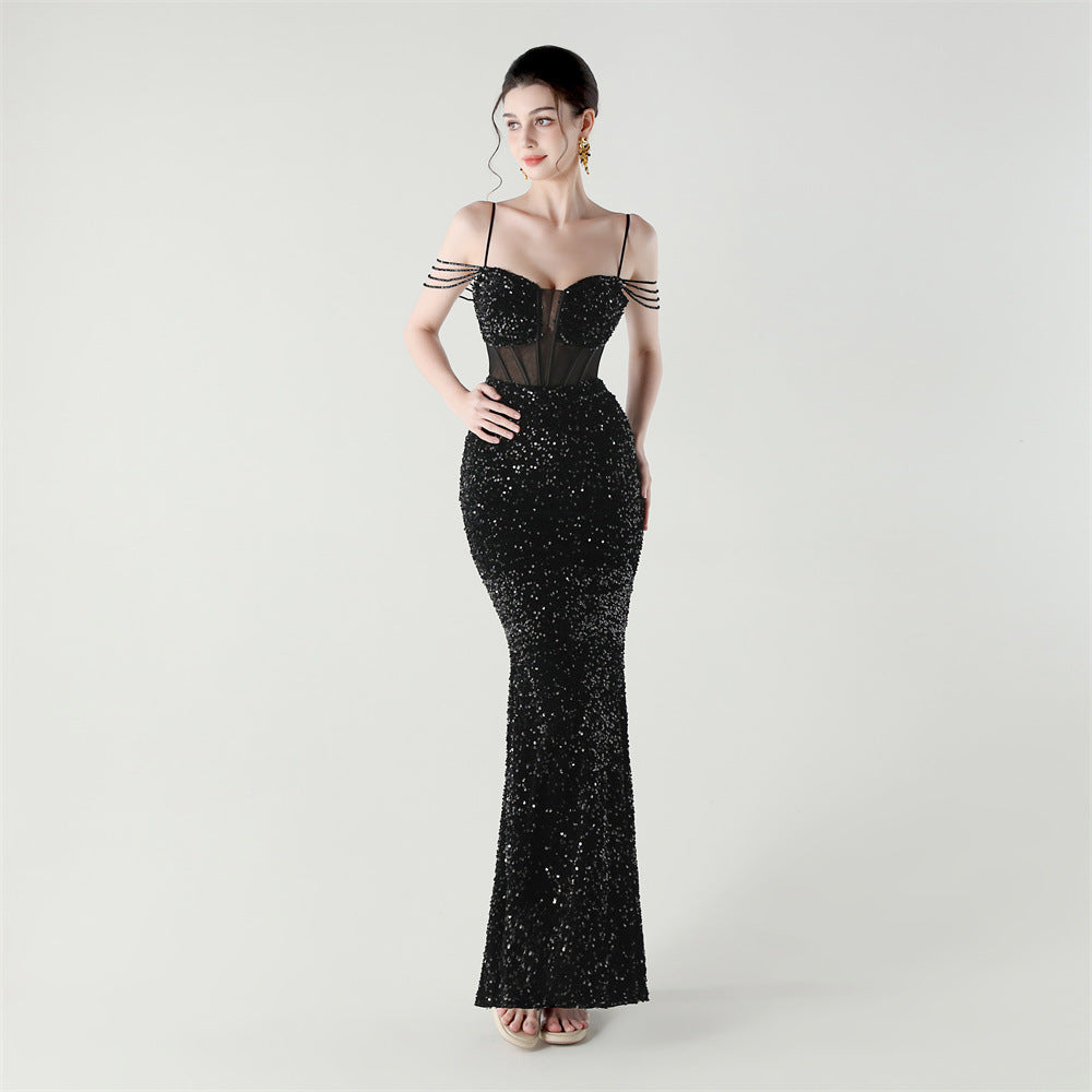 Women herringbone Lace-Up wrapped chest formal Formal Party sequined evening dress 11