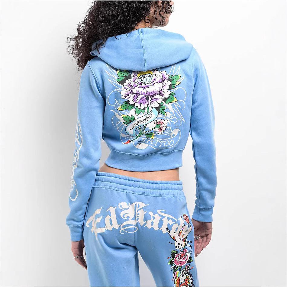 Women Street Casual Print Zipper Hooded Top and Pants Two-Piece Set