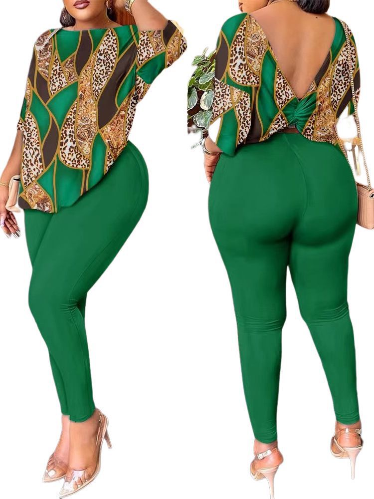 Women Autumn Casual Backless Printed Top and Pants Two-piece Set 11
