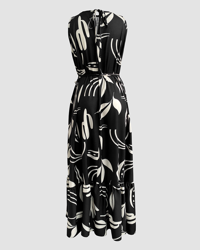 Women Sleeveless Leaf Black and White Print Maxi Dress--No Belt 6