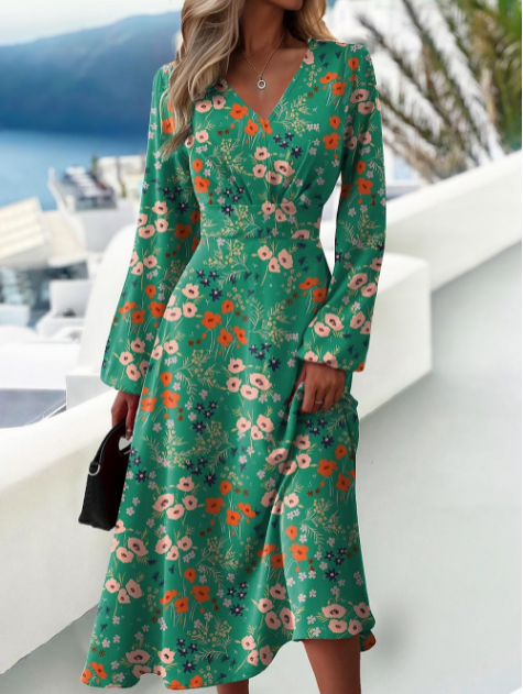 Autumn and winter fashion Chic elegant printed v-neck long-sleeved dress
