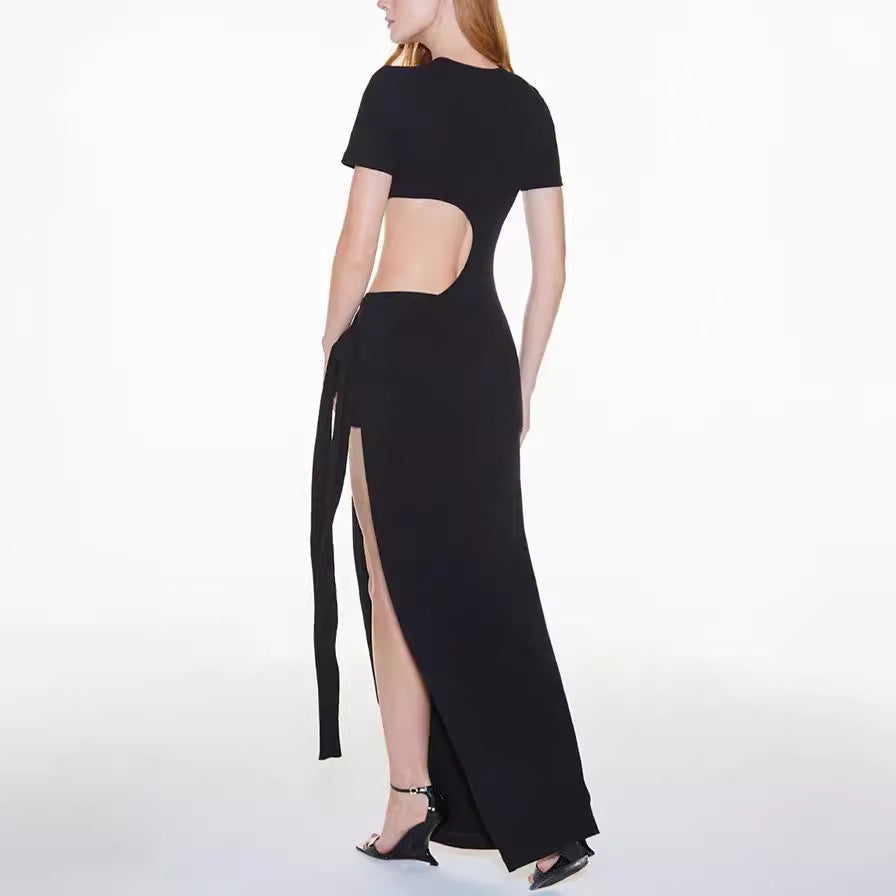 Spring Summer Low Back Lace-Up Slim Sexy Slit Solid Color Long Dress 6