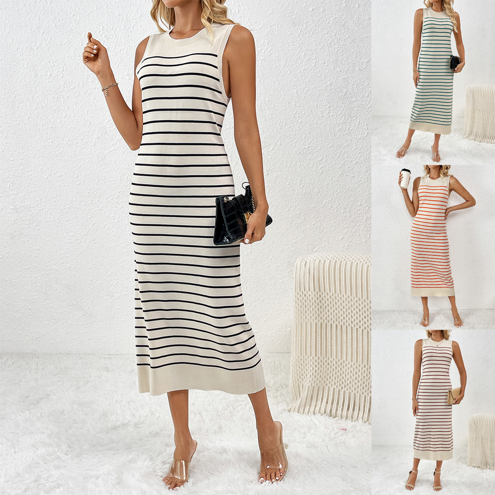 Spring And Summer Slim Women's Striped Knitting Sleeveless Fashion Long Dress 6