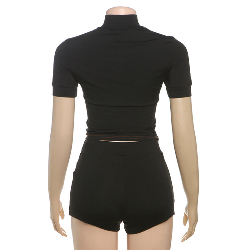 Fashionable Stand Collar Slim Fit Fitness Top & Shorts for Casual Sports Set 16