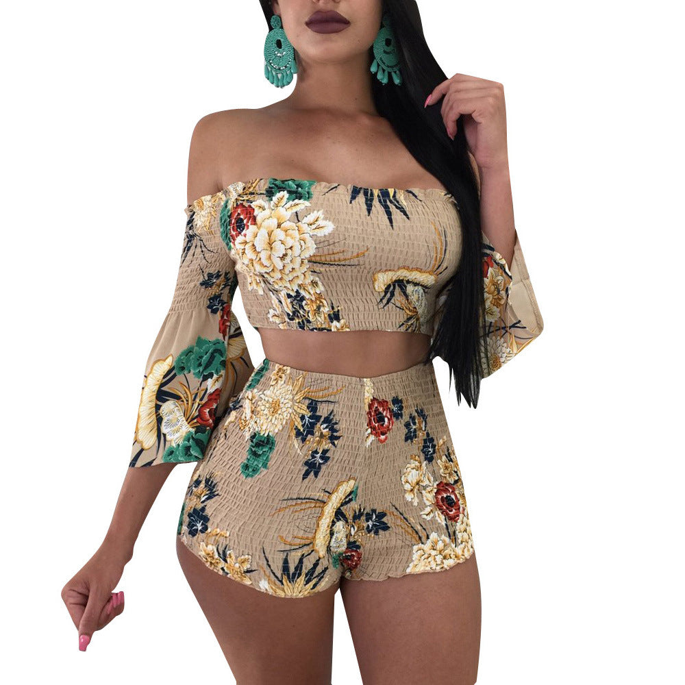 Women's Fashion Print Off Shoulder Bell Bottom Sleeve Two-Piece Set 12