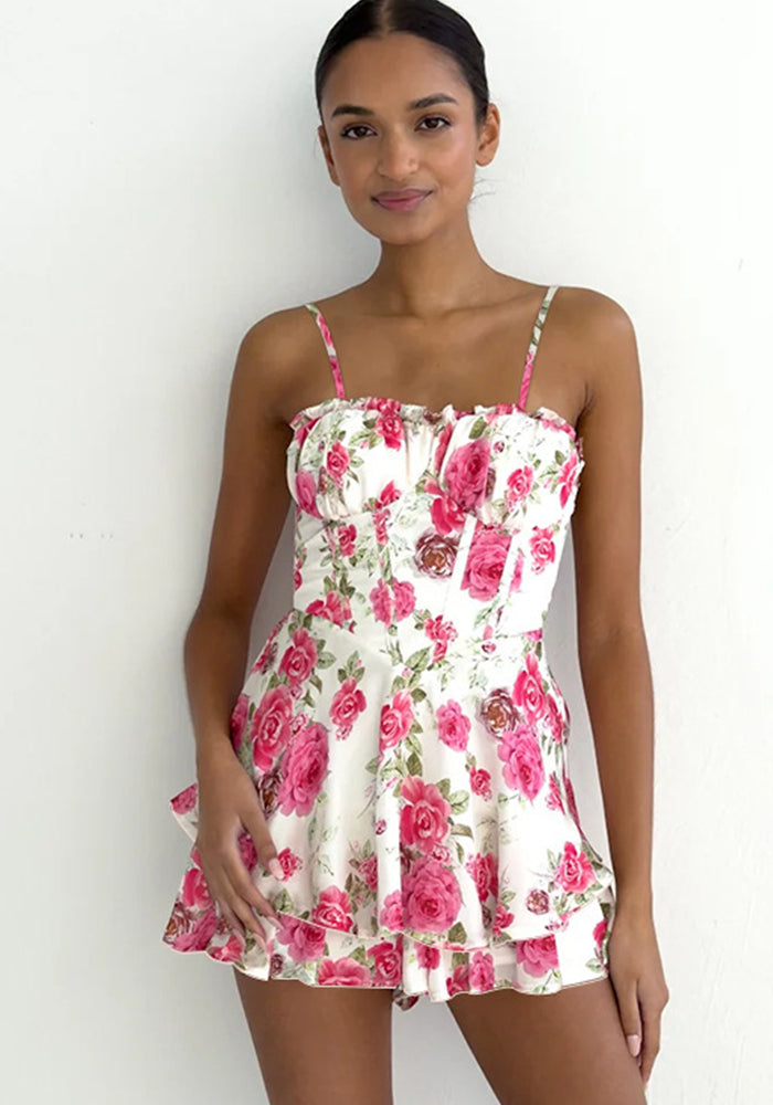 Women summer sexy rose print suspender dress