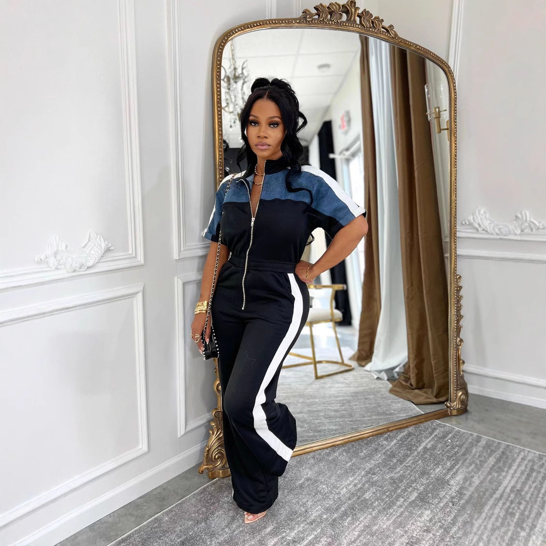 Women's Denim Patchwork Color-Block Stand Collar Short Sleeve Long Zip Jumpsuit 7