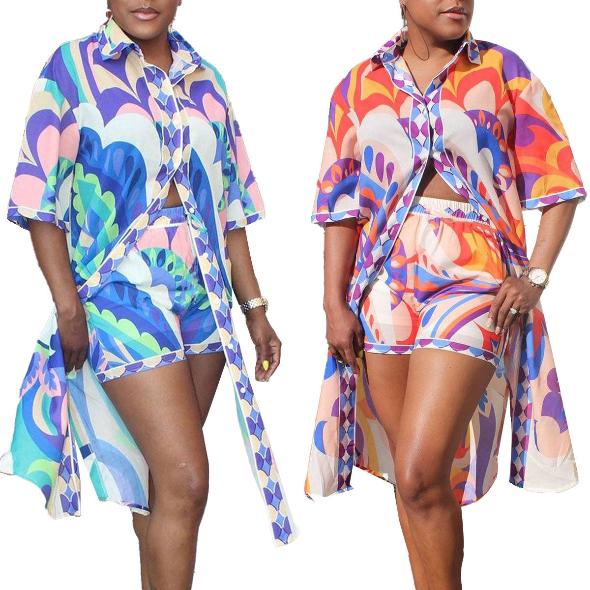 Women Casual Print Long Shirt and Shorts Two-Piece Set 7