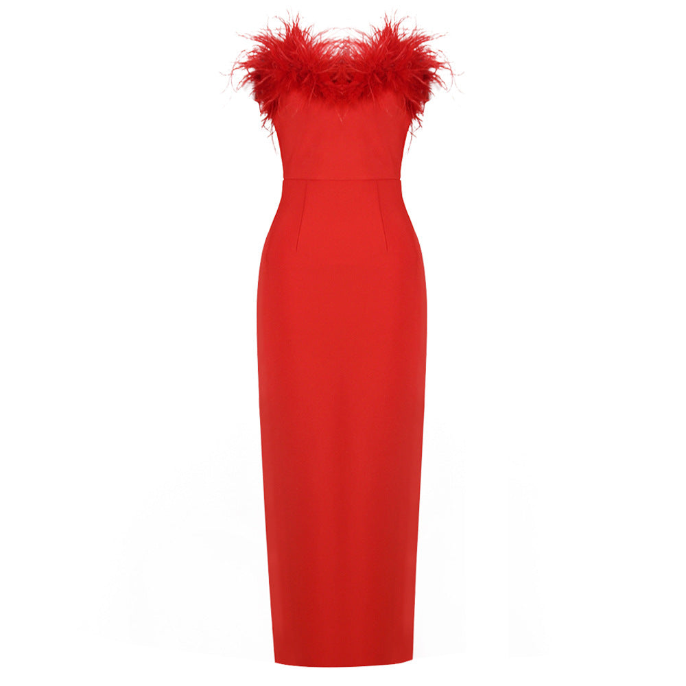 Strapless Bandage Dress Feather Stylish and Elegant Tight Fitting Bodycon Sleeveless Formal Party Dress 7