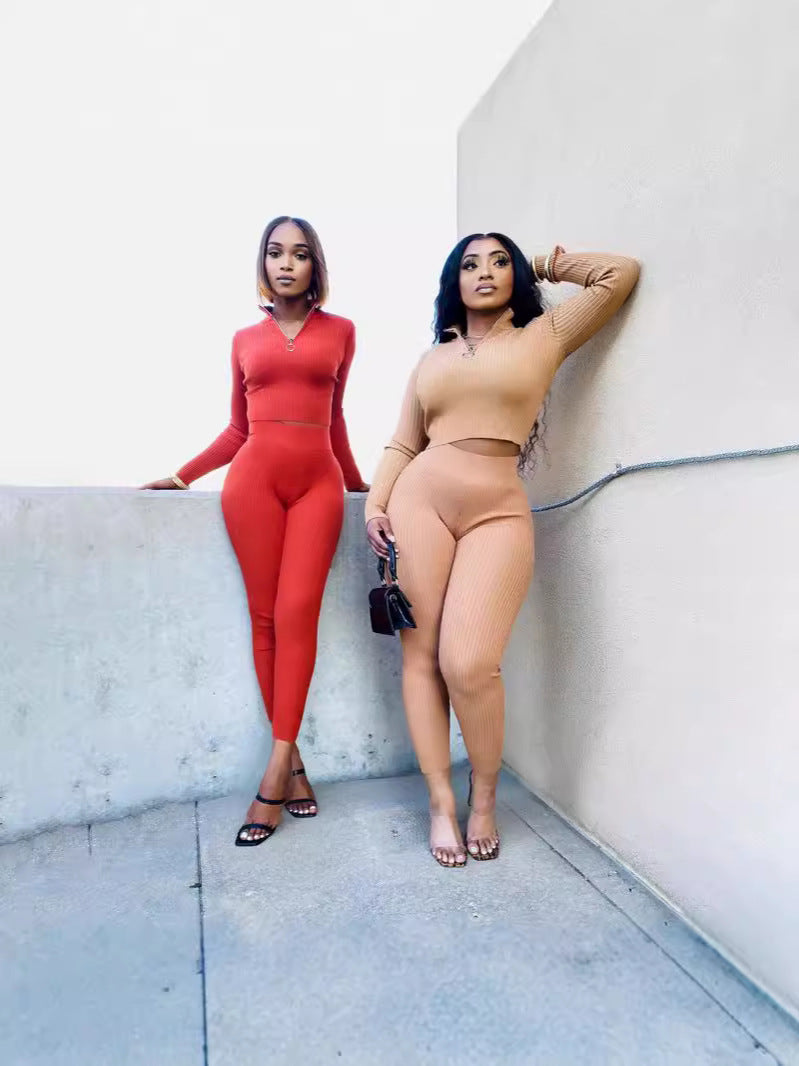 Women's Autumn Solid Color Ribbed Zipper Long Sleeve Tight Slim Sport Two Piece Pants Set 8