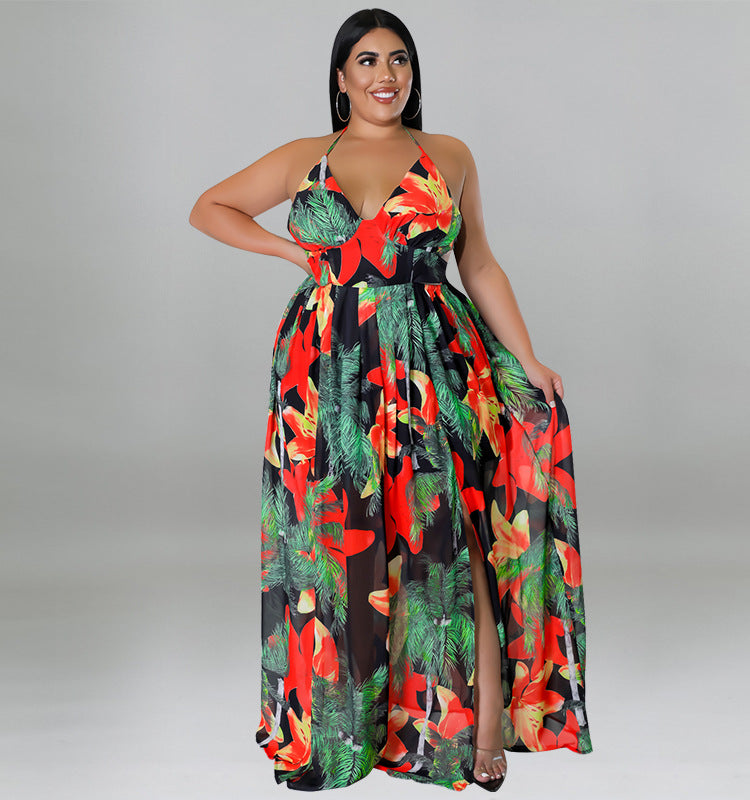 Plus Size Women summer sexy Lace-Up Backless print dress 3