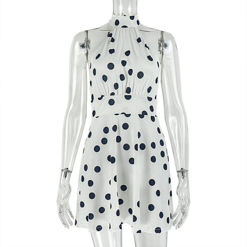 Women Pleated Waist Polka Dot Print Halter Neck Dress 7