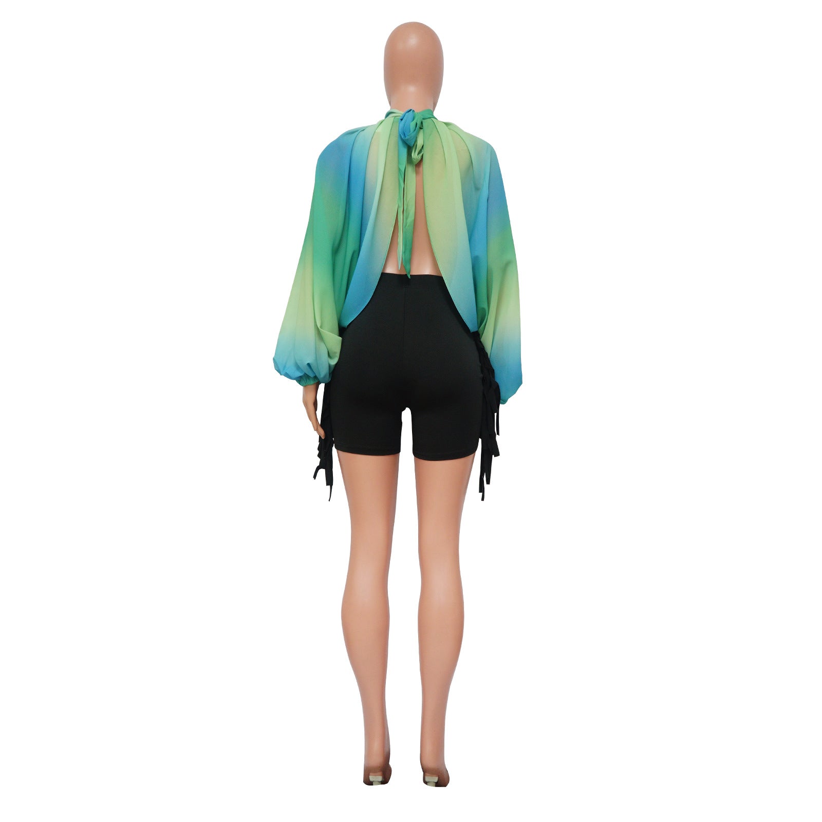 Women's Summer Lace-Up Printed Chiffon Shirt Bat Sleeves Top 38