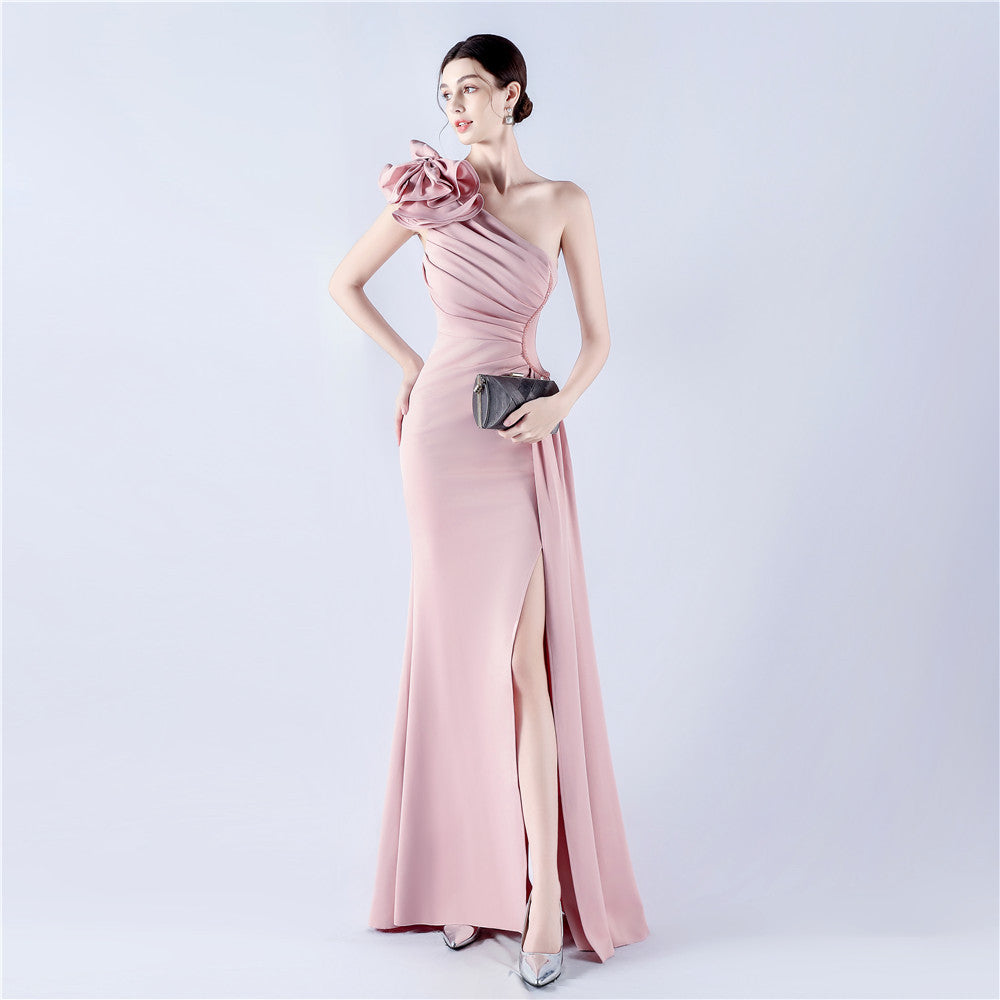 Elegant Flower Slash Shoulder Slit Evening Dress 12