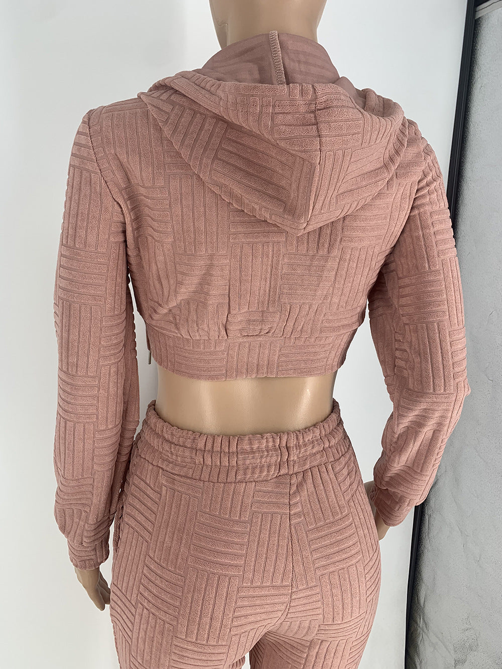 Solid Hooded Zipper Crop Two-Piece Pants Set 12