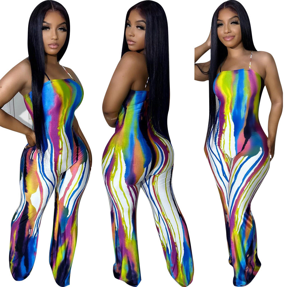 Sexy Suspender Graffiti Positioning Print Wide Leg Jumpsuit 7