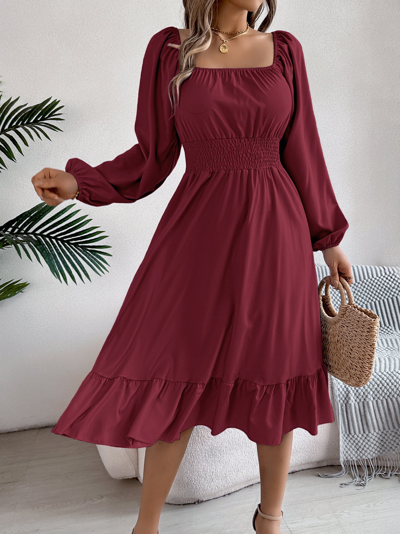 Women Spring and Summer Casual Solid Square Neck Long Sleeve Ruffle Dress 12