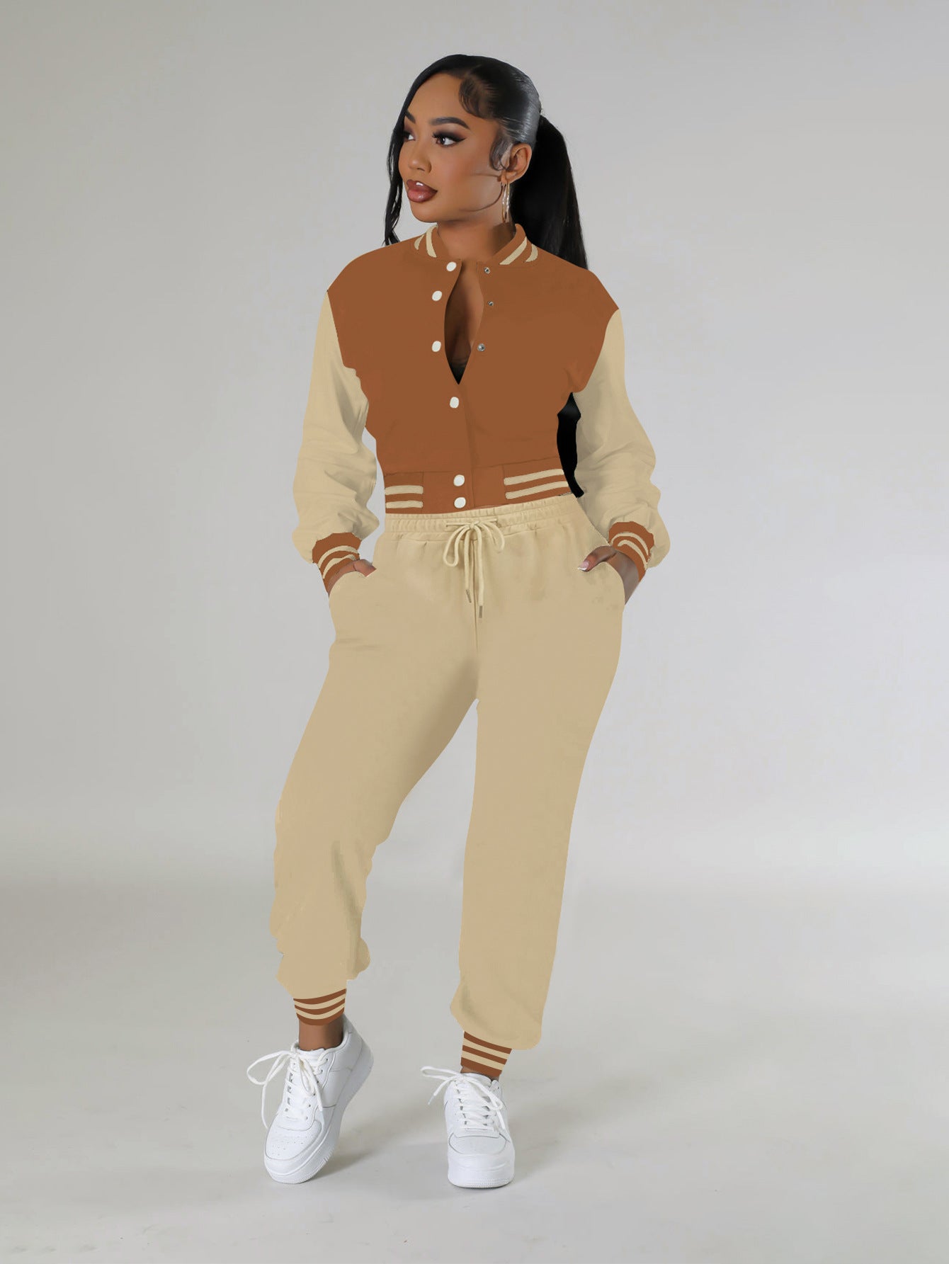 Women Patchwork Baseball Jacket and Pants Two-piece Set 4