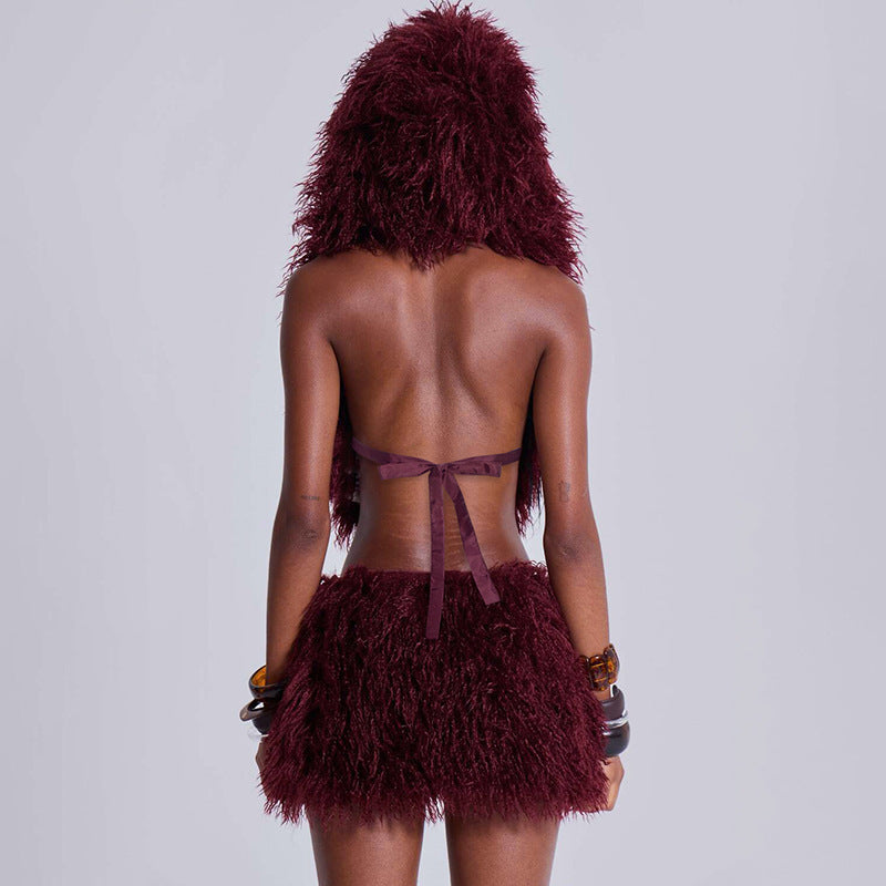 Women's Faux Fur U-Neck Hooded Low Back Top & Skirt Two-Piece Set 16