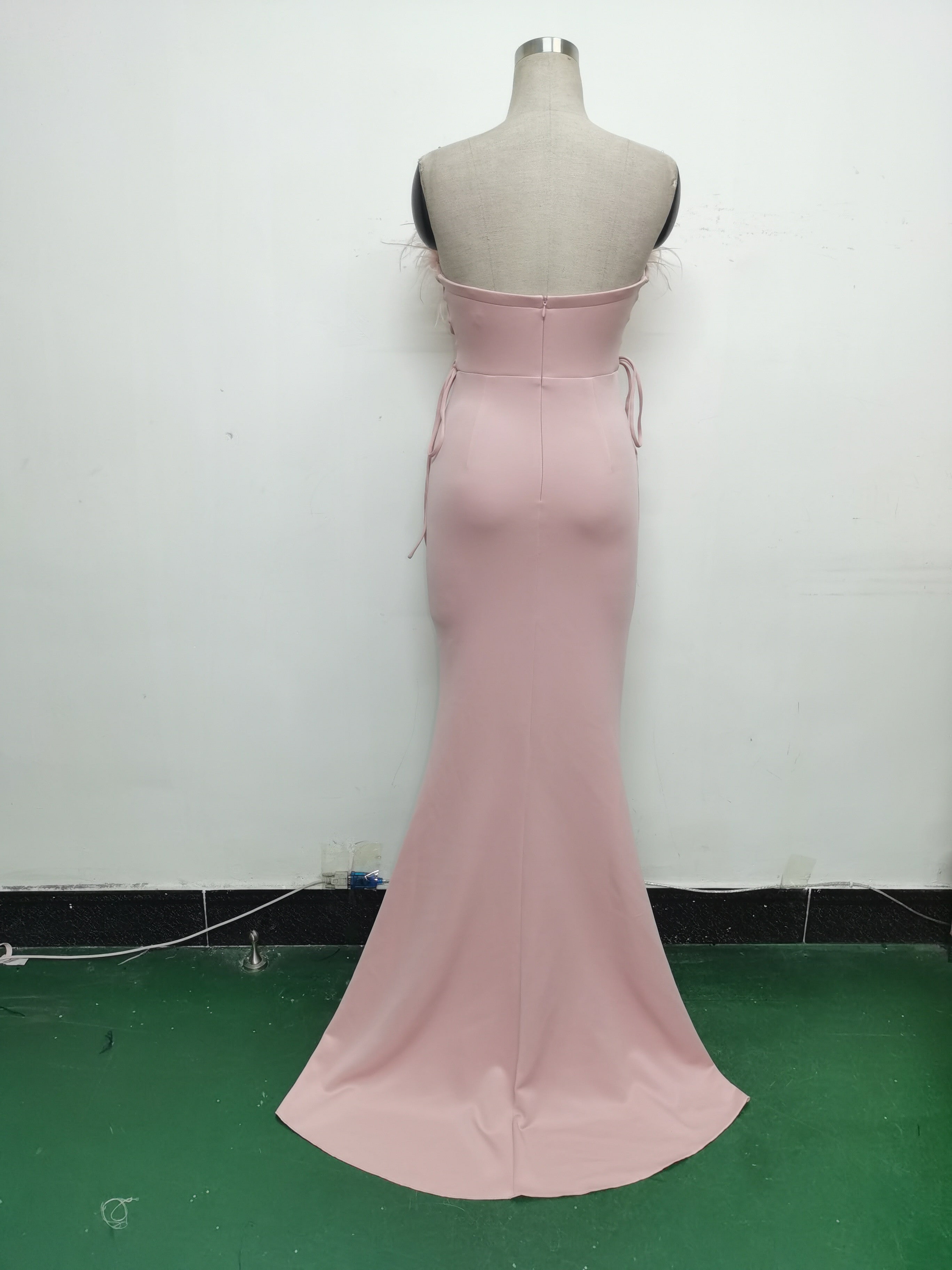 Feather Strap Slim Waist Solid Color Slit Evening Dress 16