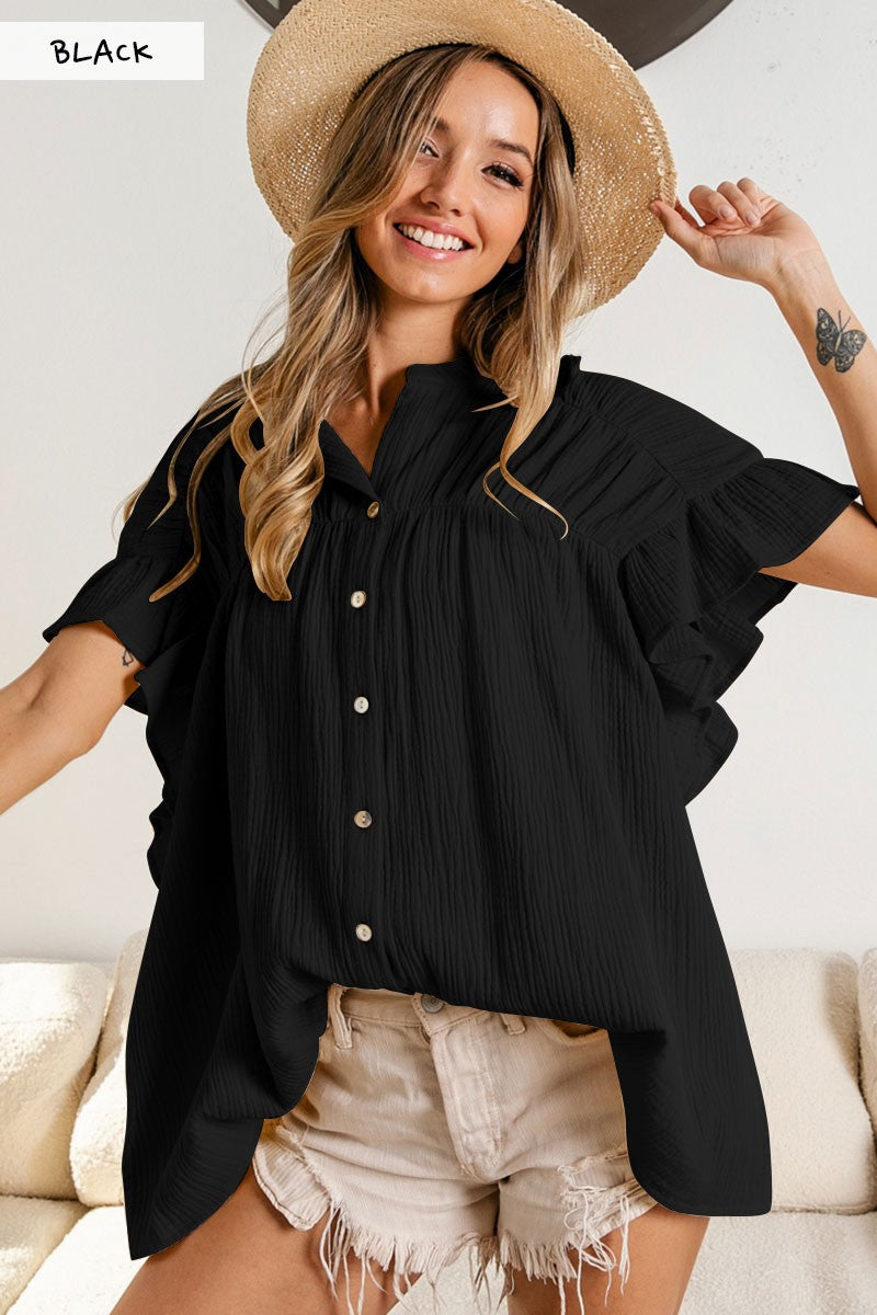 Summer Women's Fashion Stand Collar Ruffle Sleeve Casual Top 3