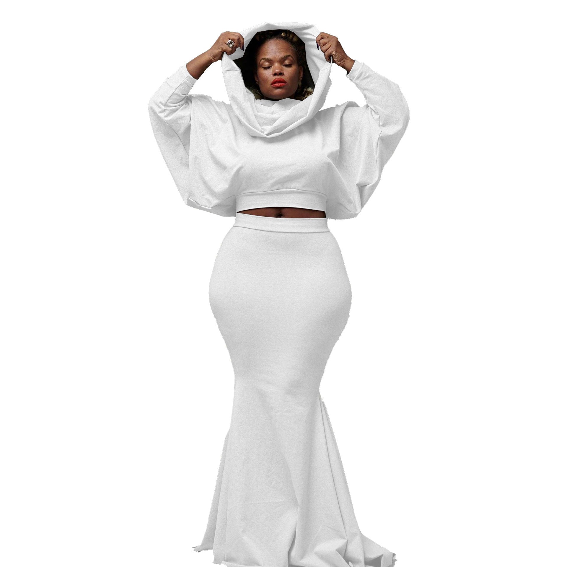 Sexy Slim Solid Color Hooded Fishtail Skirt Set 11