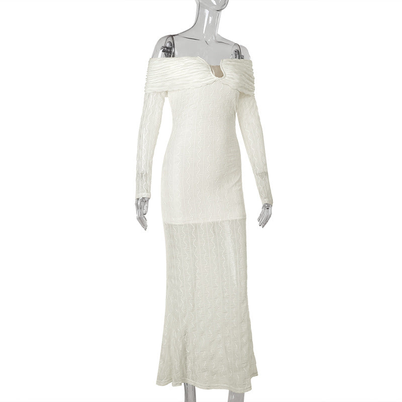 Women metal buckle Off Shoulder long-sleeved dress 8