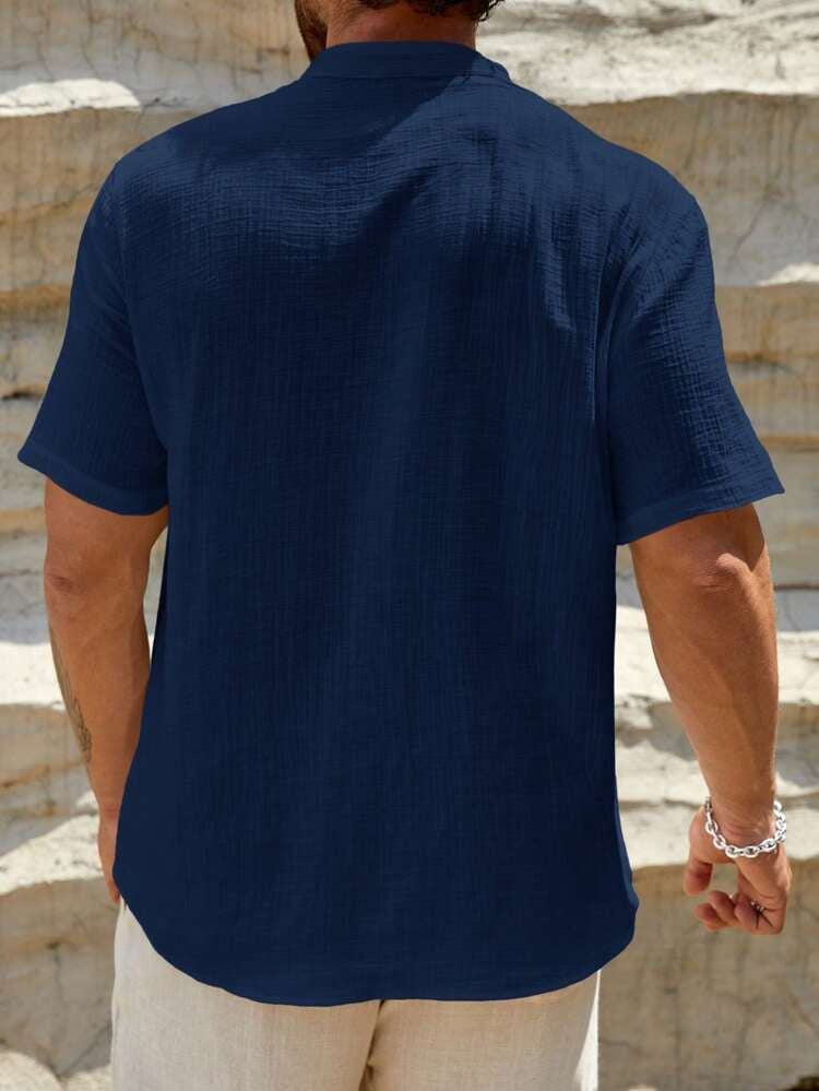 Men's Solid Stand Collar Short-Sleeve Fashion Shirt 22